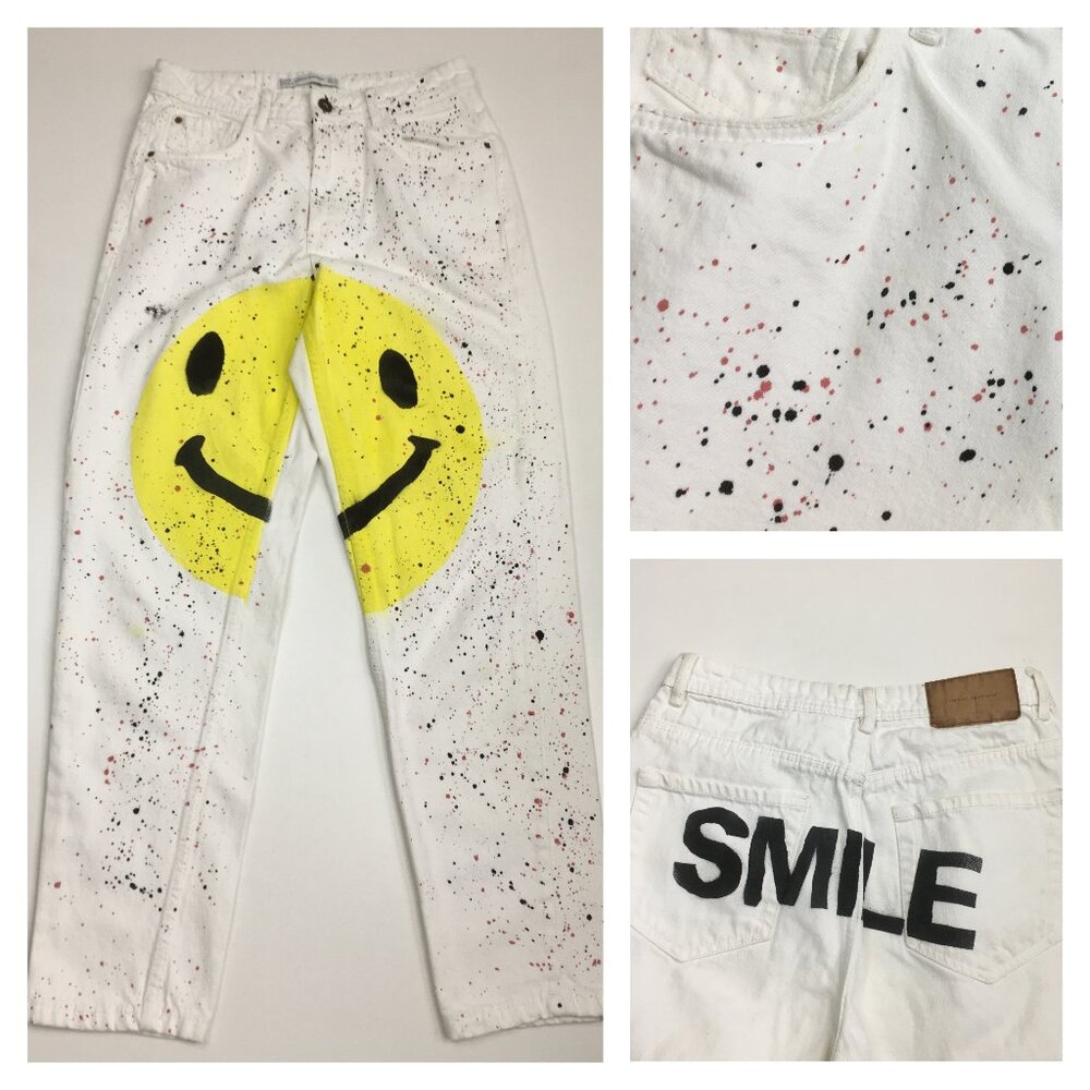 ZARA Trafaluc Coll Smile Emoji Print Splatter High Waist Tapered Leg Jeans